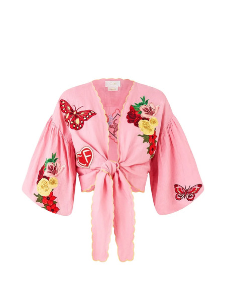  Camilla Tie-front Puff-sleeve Top - Pink 