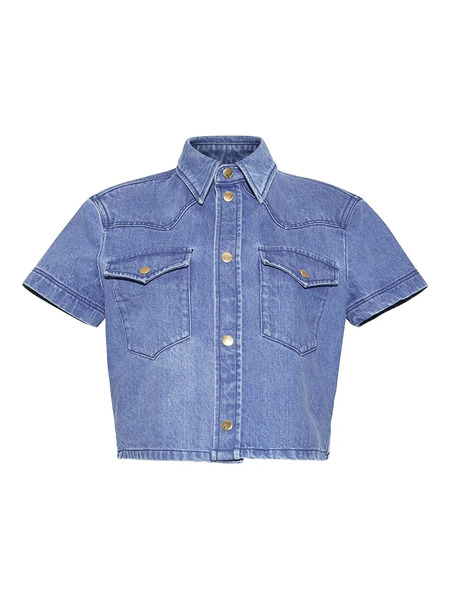  Cara Cara Collared Denim Crop Top - Blue 