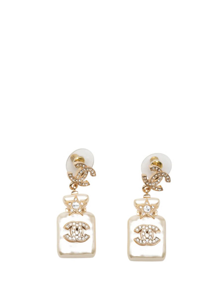  Chanel Pre-owned 2023 Cc Gold Plated And Resin Pearl Crystal Perfume Bottle Drop Earrings Costume Earrings - White 