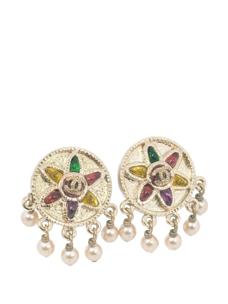  Chanel Pre-owned 2007 Cc Gold Plated Gripoix And Faux Pearl Flower Clip On Earrings Costume Earrings 