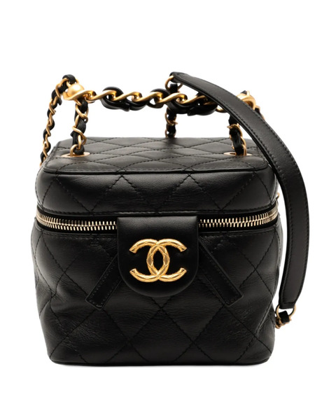  Chanel Pre-owned 2021-2025 Cc Quilted Calfskin Chain Top Handle Vanity Case On Strap Satchel - Black 