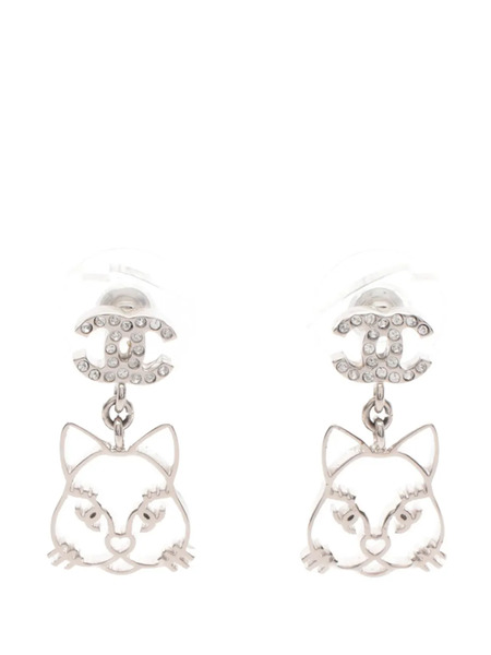  Chanel Pre-owned 2016 Cc Stainless Steel Rhinestone Choupette Cutout Drop Earrings Costume Earrings - Silver 