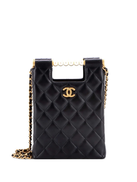  Chanel Pre-owned Chain Around Cut Out Handle Evening Quilted Lambskin With Pearls Mini Tote Bag - Black 