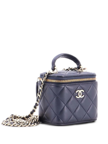  Chanel Pre-owned Classic Top Handle Vanity Case With Chain Quilted Lambskin Mini Crossbody Bag - Blue 