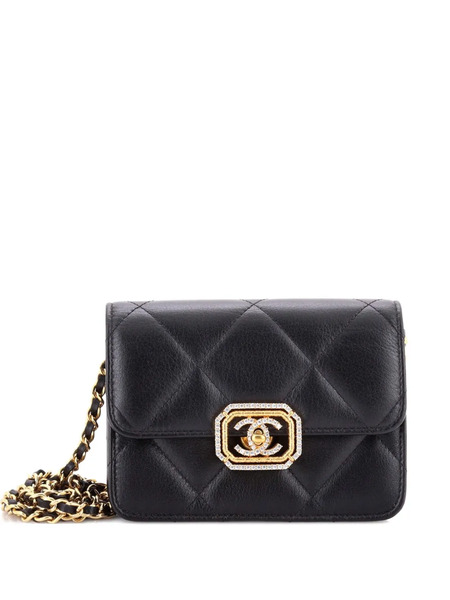  Chanel Pre-owned Crystal Geometric Frame Cc Clutch With Chain Quilted Calfskin Crossbody Bag - Black 