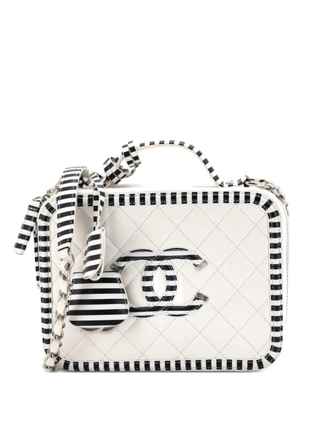  Chanel Pre-owned Filigree Vanity Case Quilted Caviar With Striped Leather Medium Shoulder Bag - Black 