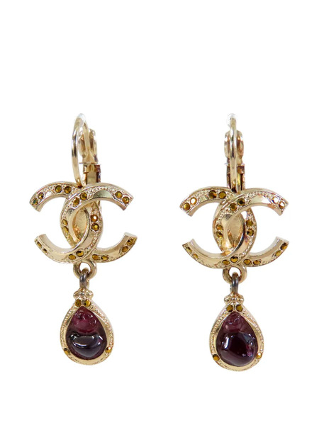  Chanel Pre-owned 2012 Gold Plated Cc Rhinestone Tear Drop Swing Lever Back Earrings Costume Earrings 