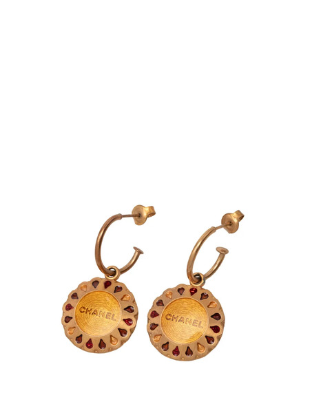  Chanel Pre-owned 1999 Gold Plated Enamel Logo Round Scalloped Swing Push Back Earrings Costume Earrings 