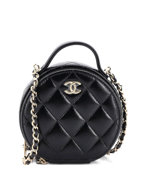  Chanel Pre-owned Handle With Care Round Vanity Case With Chain Quilted Lambskin Small Crossbody Bag - Black 