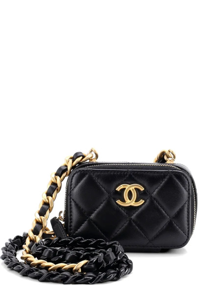  Chanel Pre-owned Lacquered Metal Cc Zip Around Card Holder On Chain Quilted Lambskin Clutch Bag - Black 