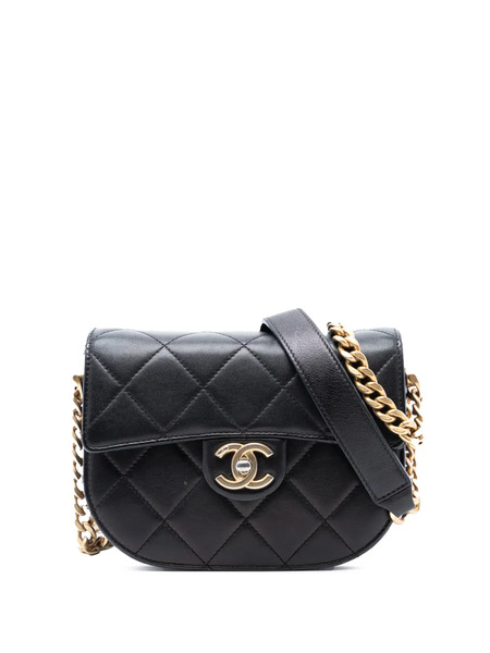  Chanel Pre-owned 2021 Mini Cc Quilted Shiny Calfskin Round Moon Messenger Flap Crossbody Bag - Black 