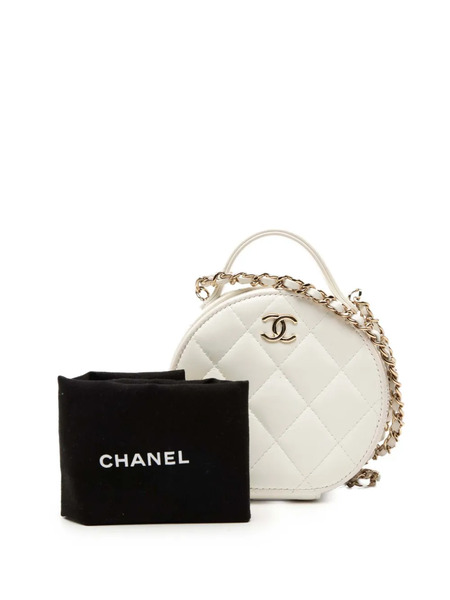  Chanel Pre-owned 2021-2026 Quilted Lambskin Handle With Care Round Vanity Case With Chain Satchel - White 