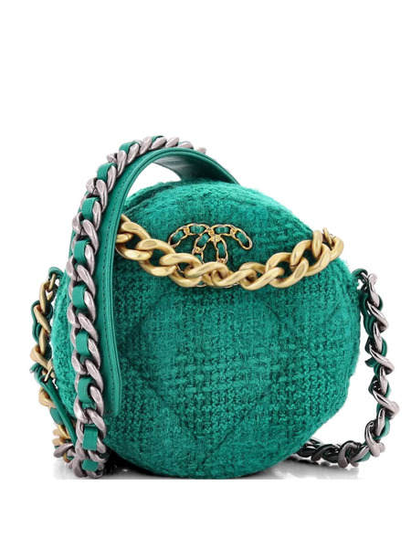  Chanel Pre-owned 19 Round Clutch With Chain And Coin Purse Quilted Tweed And Lambskin Crossbody Bag - Green 