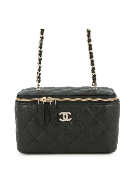  Chanel Pre-owned 2021-2025 Small Quilted Caviar Rhinestone Cc Vanity Case With Chain Crossbody Bag - Black 