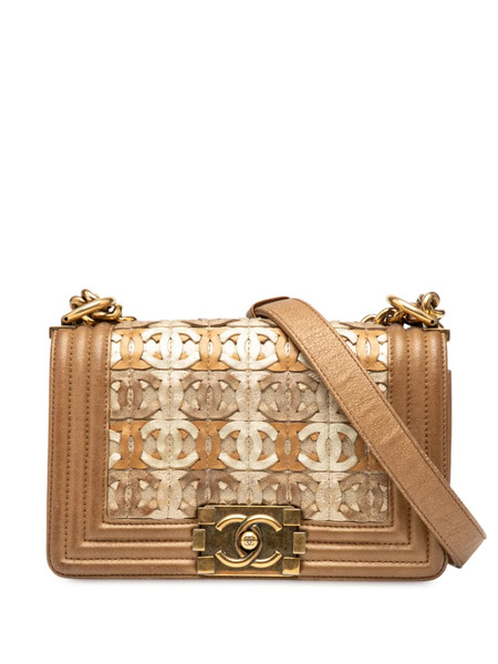  Chanel Pre-owned 2014-2015 Small Quilted Metallic Lambskin Interwoven Cc Boy Flap Crossbody Bag - Brown 