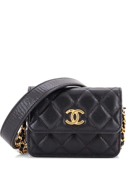  Chanel Pre-owned Twist Your Buttons Flap Coin Purse With Chain Quilted Shiny Caviar Crossbody Bag - Black 