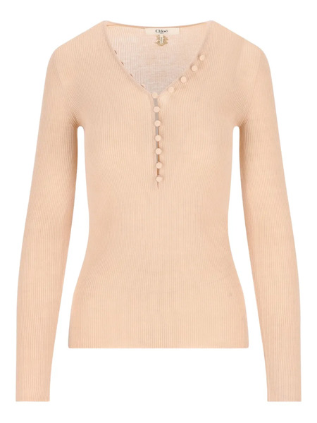  Chloé Henley Ribbed Button-front T-shirt - Pink 