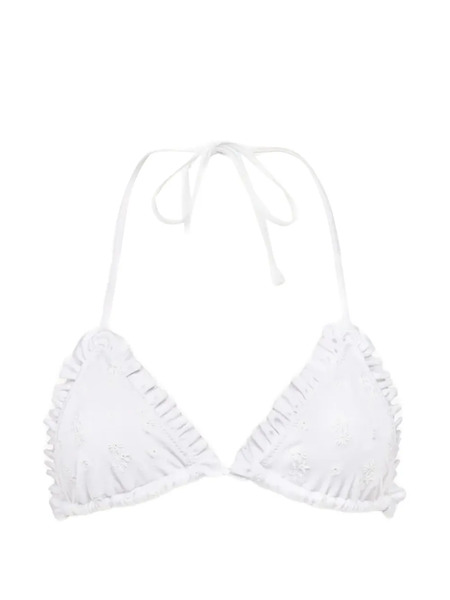  Chloé Ruffled-trim Floral-embroidered Bikini Top - White 
