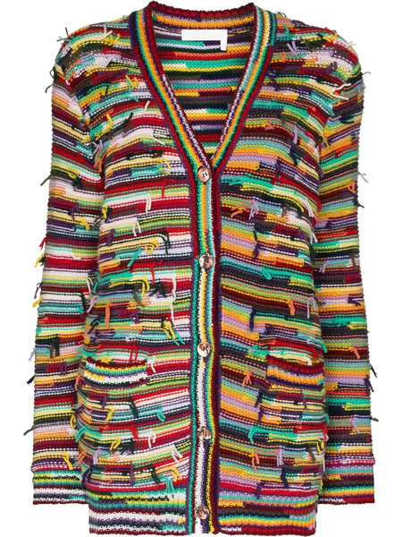  Chloé Striped Distressed Cardigan - Red 