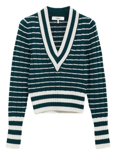  Chloé Striped V-neck Sweater - Green 