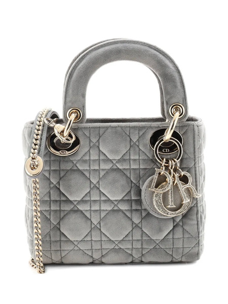  Christian Dior Pre-owned Lady Dior Chain Bag Cannage Quilt Velvet With Crystal Charms Mini Shoulder Bag - Grey 