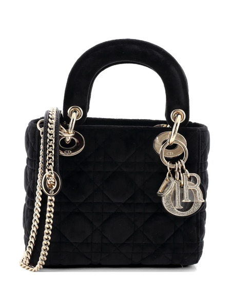  Christian Dior Pre-owned Lady Dior Chain Bag Cannage Quilt Velvet With Crystal Charms Mini Shoulder Bag - Black 