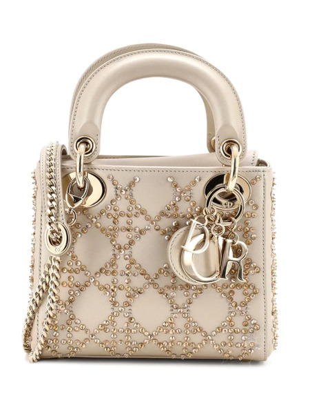  Christian Dior Pre-owned Lady Dior Chain Bag Crystal Embellished Cannage Quilt Leather Mini Satchel - Neutrals 