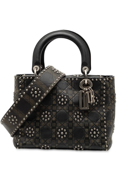  Christian Dior Pre-owned 2017 Medium Calfskin Cannage Embossed Flower Studded Supple Lady Dior Satchel - Black 