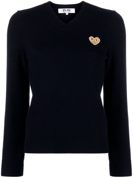  Comme Des Garçons Play Heart-patch V-neck Wool Sweater - Blue 