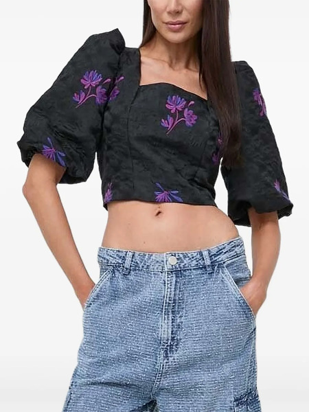  Custommade Puff-sleeve Floral-embroidered Top - Black 