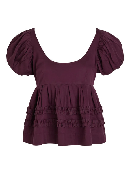  Damson Madder Ruffled Puff-sleeve Blouse - Purple 