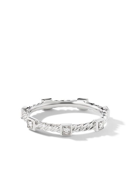  David Yurman 18kt White Gold Cable Collectibles Diamond Stack Ring (2mm) - Silver 