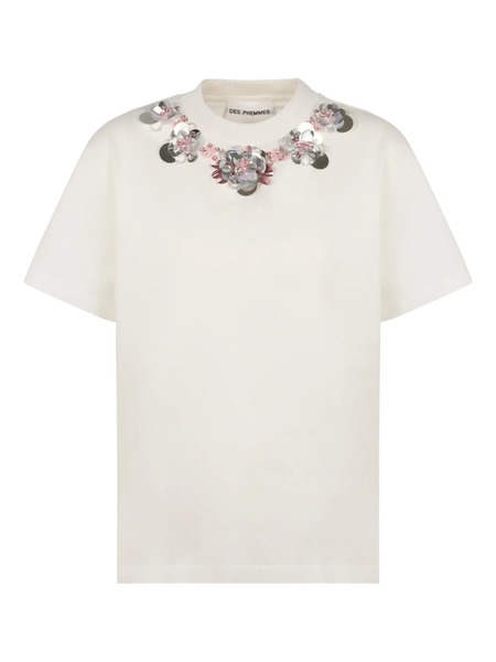  Des Phemmes Bead-embellished Crew-neck T-shirt - Neutrals 
