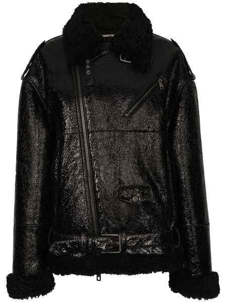  Dolce & Gabbana Frilled-collar Pebbled Leather Jacket - Black 