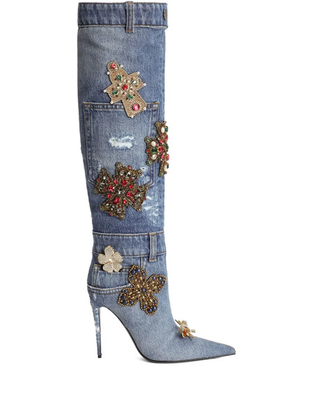  Dolce & Gabbana 105mm Embroidered Patchwork Denim Boots - Blue 