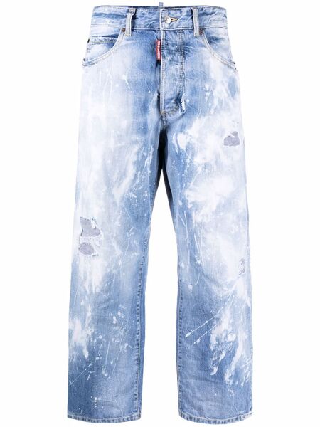  Dsquared2 Distressed Paint-splattered Wide-leg Jeans - Blue 