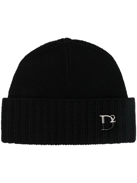  Dsquared2 Monogram-plaque Knitted Beanie - Black 