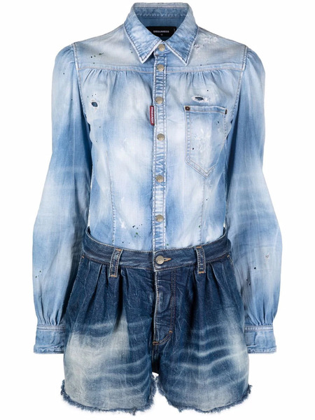  Dsquared2 Two-tone Distressed Denim Playsuit - Blue 