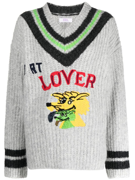  Erl Embroidered V-neck Jumper - Grey 