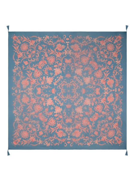  Etro Floral Tassel Silk Shawl - Blue 