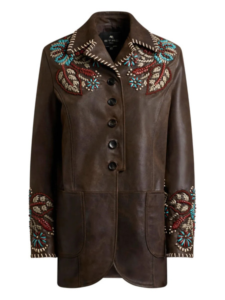  Etro Paisley-embroidered Leather Jacket - Brown 