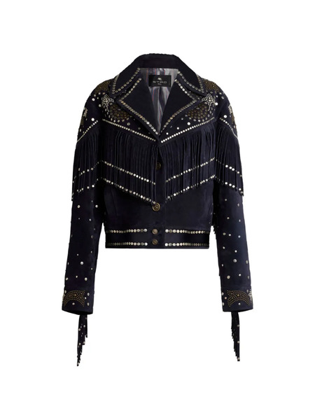  Etro Studs Fringed Leather Jacket - Blue 