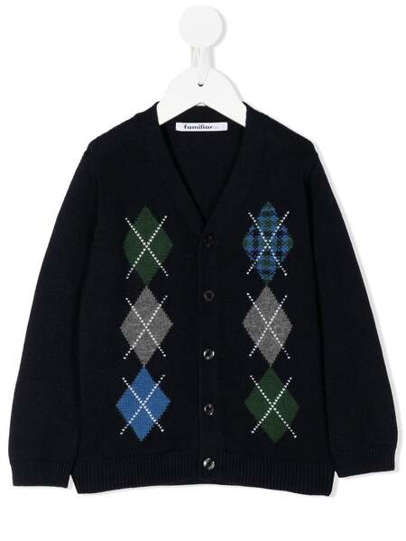  Familiar Argyle-intarsia Knit Cardigan - Blue 