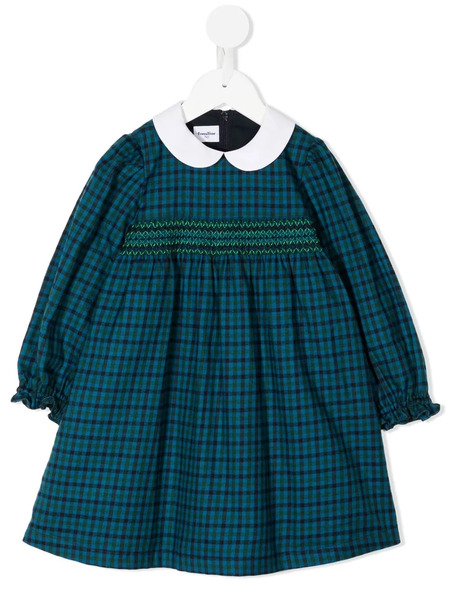  Familiar Check-print Long-sleeve Dress - Blue 