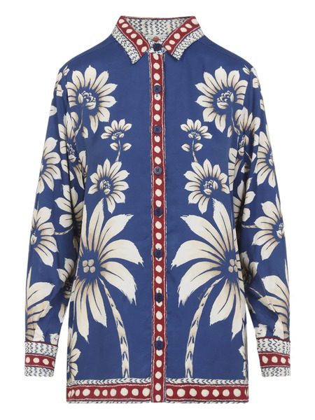  Farm Rio Floral Palm Button-down Top - Blue 