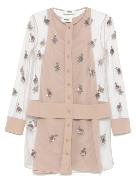  Fendi Embroidered Tulle Mini Dress - Neutrals 