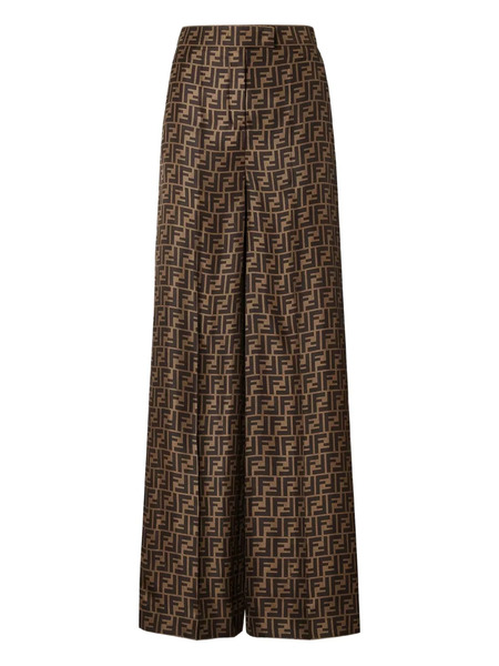  Fendi Ff-monogram Pleated Silk Trousers - Brown 