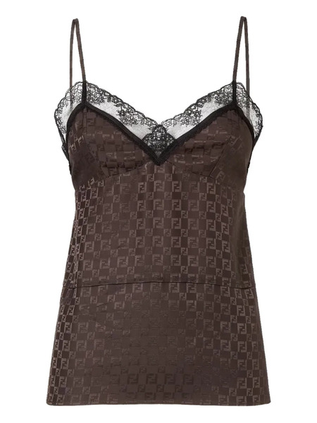  Fendi Jacquard Ff Lace-trimmed Top - Brown 