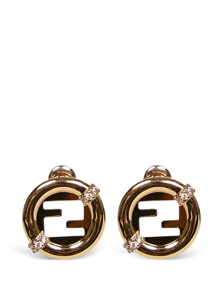  Fendi Logo Stud Crystal Earrings - Gold 