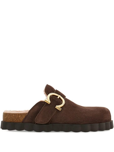  Ferragamo Gancini Buckle Rippled Sole Clogs - Brown 